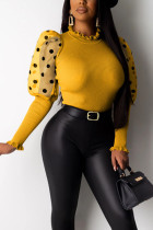 Yellow O Neck Long Sleeve Patchwork Solid Tops