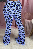 Bas de pantalon bleu élastique à volants mi-longs et imprimé léopard