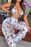 Sky Blue Network Sexy Animal Prints Floral Print Mesh backless Loose Sleeveless Two Pieces