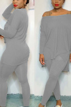 Grey Casual Solid pencil Long Sleeve Two Pieces