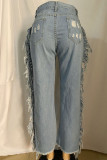 Jeans com design de borla azul claro com buracos quebrados