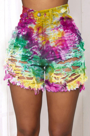 rose red and blue Green and yellow Hollow-out Broken Holes Raw Hem Distressed Denim Shorts