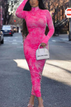 Pink OL Long Sleeves Turtleneck Hip skirt Ankle-Length Print Draped Dresses