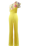 黄色のセクシーな刺繡フリルナイロンノースリーブ非対称カラージャンプスーツ