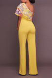 Gele Sexy Borduurwerk Verstoorde nylon Mouwloze Asymmetrische Kraag Jumpsuits