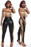 Negro adulto Sexy moda sólido trajes de dos piezas Patchwork borla lápiz sin mangas