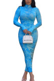 Blue OL Long Sleeves Turtleneck Hip skirt Ankle-Length Print Draped Dresses
