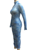 Bleu OL manches longues col roulé jupe hanche longueur cheville imprimé robes drapées