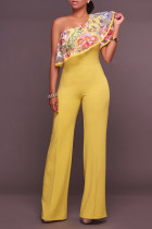 Yellow Sexy Embroidery Ruffled nylon Sleeveless Asymmetrical Collar Jumpsuits