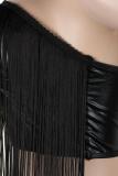 Черный взрослый сексуальный модный однотонный костюм из двух предметов в стиле пэчворк с кисточками-карандашом без рукавов