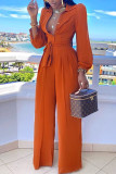 rose red Casual Button Solid Draped Knitting Long Sleeve V Neck Jumpsuits