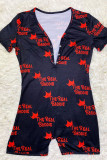 Black and red Casual Print Short Sleeve V Neck Rompers