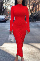 Roter OL-Hüftrock mit langen Ärmeln und Rollkragen, knöchellanges, drapiertes Kleid mit Print