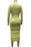 Yellow OL Long Sleeves Turtleneck Hip skirt Ankle-Length Print Draped Dresses
