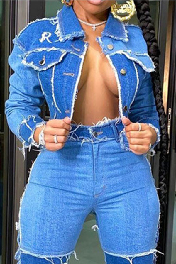 Синяя модная повседневная короткая джинсовая куртка с длинными рукавами