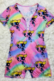 Yellow and pink Casual Print Short Sleeve V Neck Rompers