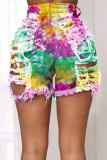Dark Blue rose red and blue Green and yellow Hollow-out Broken Holes Raw Hem Distressed Denim Shorts