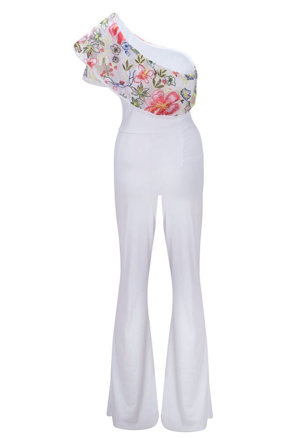 Witte sexy borduurwerk gegolfde nylon mouwloze jumpsuits met asymmetrische kraag