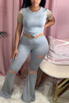 Grey Fashion Casual adult Ma'am Solid Burn-out Two Piece Suits Boot Cut Short Sleeve Two Pieces