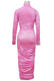 Pink OL Long Sleeves Turtleneck Hip skirt Ankle-Length Print Draped Dresses