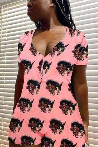 Pink Casual Print Short Sleeve V Neck Rompers