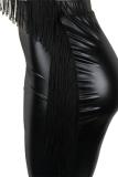 Schwarzer, sexy, modischer, zweiteiliger Anzug für Erwachsene, Patchwork, Quaste, Bleistift, ärmellos