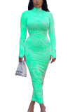 Fluorescent green OL Long Sleeves Turtleneck Hip skirt Ankle-Length Print Draped Dresses