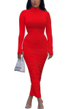Rouge OL manches longues col roulé jupe hanche longueur cheville imprimé robes drapées