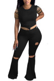 Black Fashion Casual adult Ma'am Solid Burn-out Two Piece Suits Boot Cut Short Sleeve Two Pieces