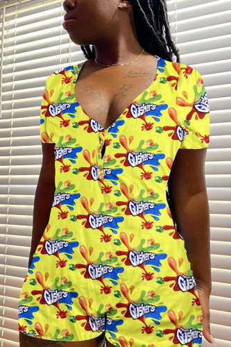 Yellow Casual Print Short Sleeve V Neck Rompers