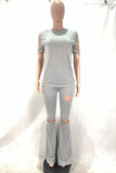 Grey Fashion Casual adult Ma'am Solid Burn-out Two Piece Suits Boot Cut Short Sleeve Two Pieces