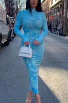 Blauer OL-Hüftrock mit langen Ärmeln und Rollkragen, knöchellanges, drapiertes Kleid mit Print