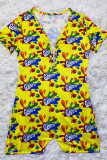 Yellow Casual Print Short Sleeve V Neck Rompers