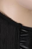 黒の大人のセクシーなファッション固体ツーピース スーツ パッチワーク タッセル ペンシル ノースリーブ