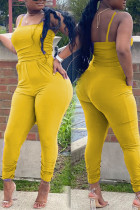 Yellow Sexy Solid Chlorine Sleeveless Slip Jumpsuits