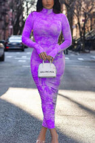 purple OL Long Sleeves Turtleneck Hip skirt Ankle-Length Print Draped Dresses