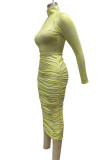 Yellow OL Long Sleeves Turtleneck Hip skirt Ankle-Length Print Draped Dresses