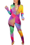 Цвет Мода Сексуальный Цветной рисунок Комбинезоны с длинными рукавами и круглым вырезом