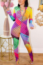 Цвет Мода Сексуальный Цветной рисунок Комбинезоны с длинными рукавами и круглым вырезом