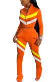 Оранжевый модный повседневный костюм из двух предметов в полоску для взрослых, мэм, в стиле пэчворк, прямой костюм из двух предметов с длинными рукавами