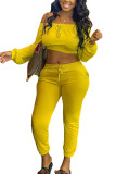 黄色のファッションアクティブな大人の奥様一言襟固体ツーピーススーツステッチプラスサイズ