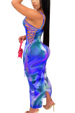 Blauwe sexy mouwloze spaghettibandjes slipstaprok enkellange print mesh bandage perspectief uitgeholde jurken