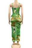 Green Sexy Spaghetti Strap Sleeveless Slip Step Skirt Ankle-Length Print Mesh bandage perspective hollow out Dresses