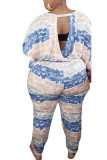 Blå Mode Sexig vuxen fru O-hals randig tvådelad kostym Stripe Plus Size