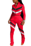 Red Fashion Casual adult Ma'am Striped Patchwork Two Piece Suits Straight Long Sleeve Two Pieces