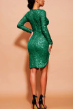 Grön Sexig Europa och Amerika Långärmad O-hals Asymmetrisk Solid Paljett asymmetriska klänningar
