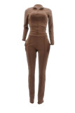 Khaki Blends Solid Zippered Straight Long Sleeve Two Pieces