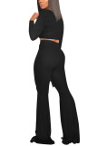 Черные модные повседневные однотонные костюмы из двух предметов для взрослых, свободные два предмета с длинными рукавами