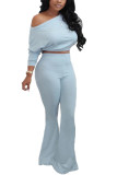 Light Blue Casual Celebrities Europe and America Solid Straight Long Sleeve Two Pieces