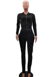 Black Blends Solid Zippered Straight Long Sleeve Two Pieces